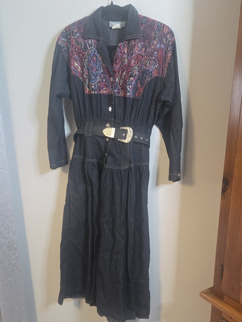 Vintage Black Denim Maxi Dress with Paisley Yoke and Western Belt